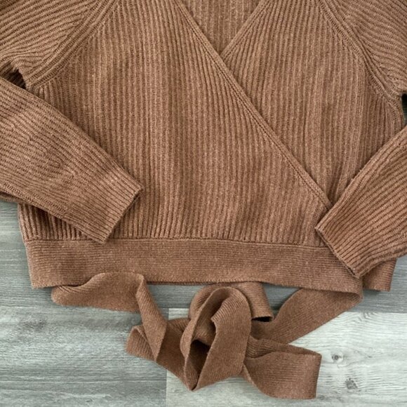 Splendid Adele Wrap Tie Knit Sweater Large Brown Ribbed Surplice VNeck Cashblend - Picture 6 of 9